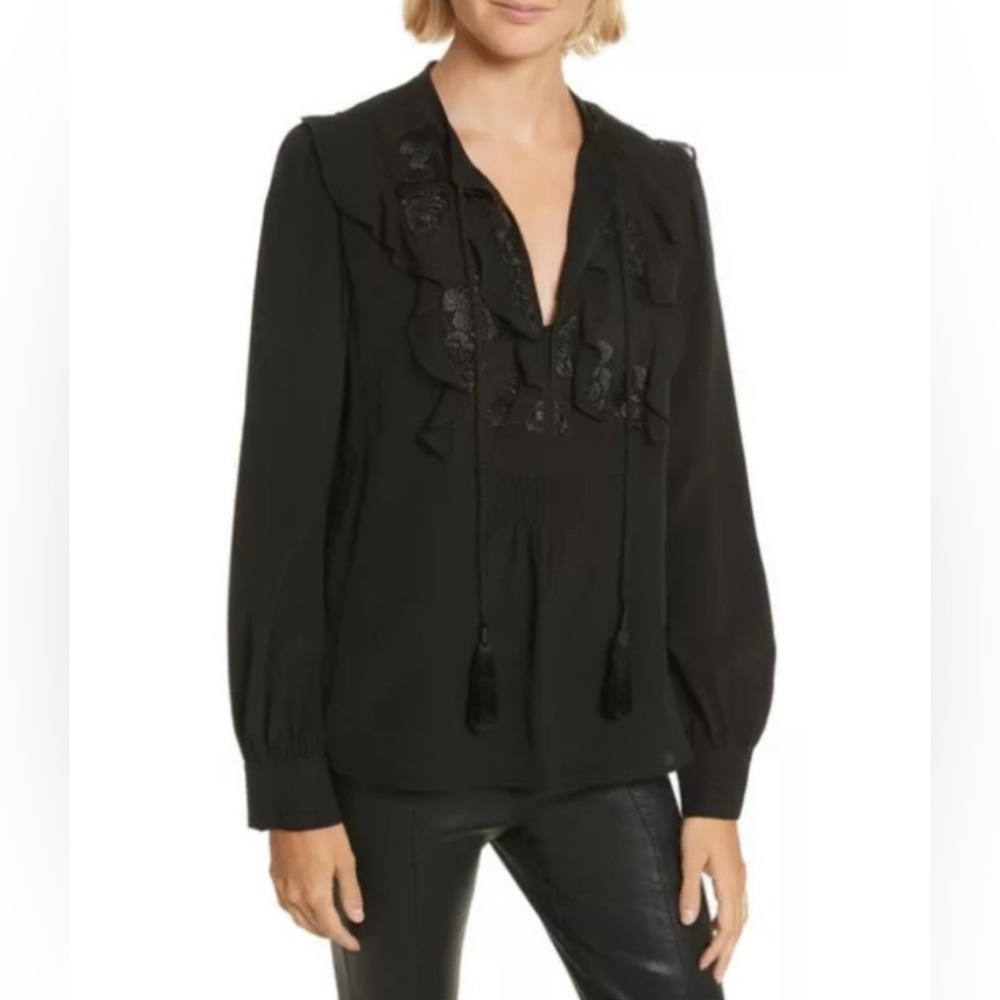 A.L.C. Women’s Blyth Black Silk Floral Embroidered Boho Peasant Top Blouse Shirt